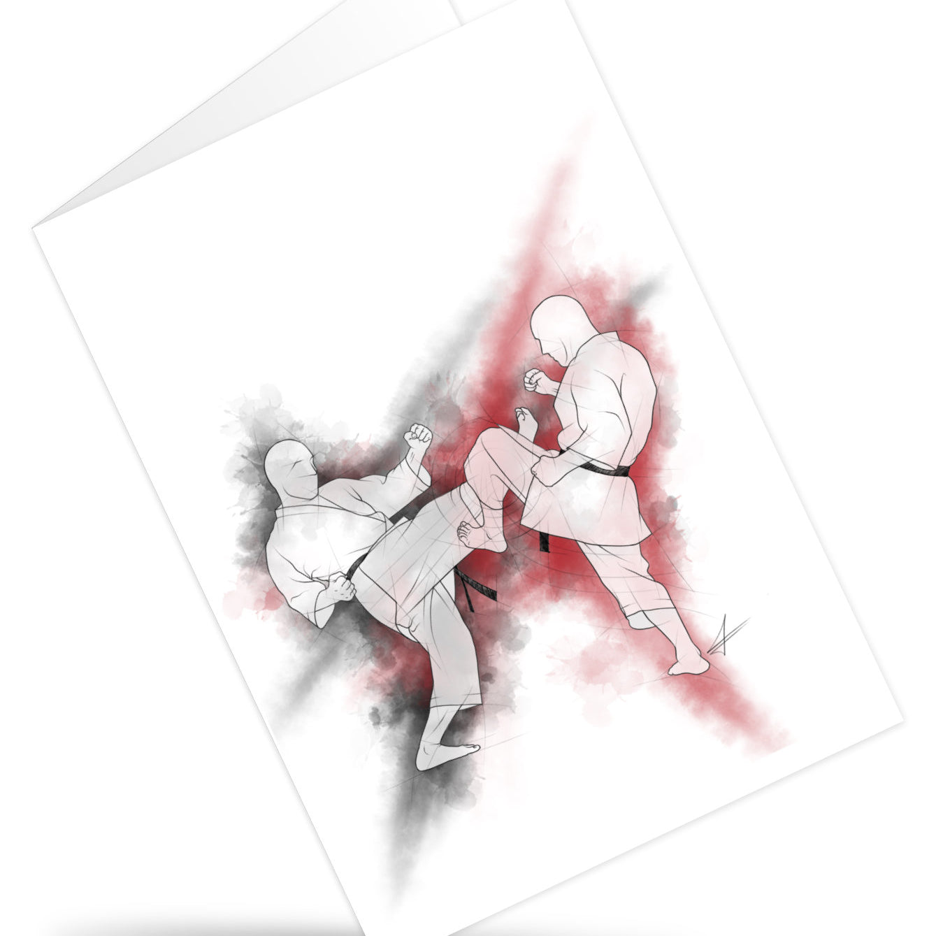 Mae geri - Ashibo kake uke – aufklappbare Grußkarte für alle Karateka
