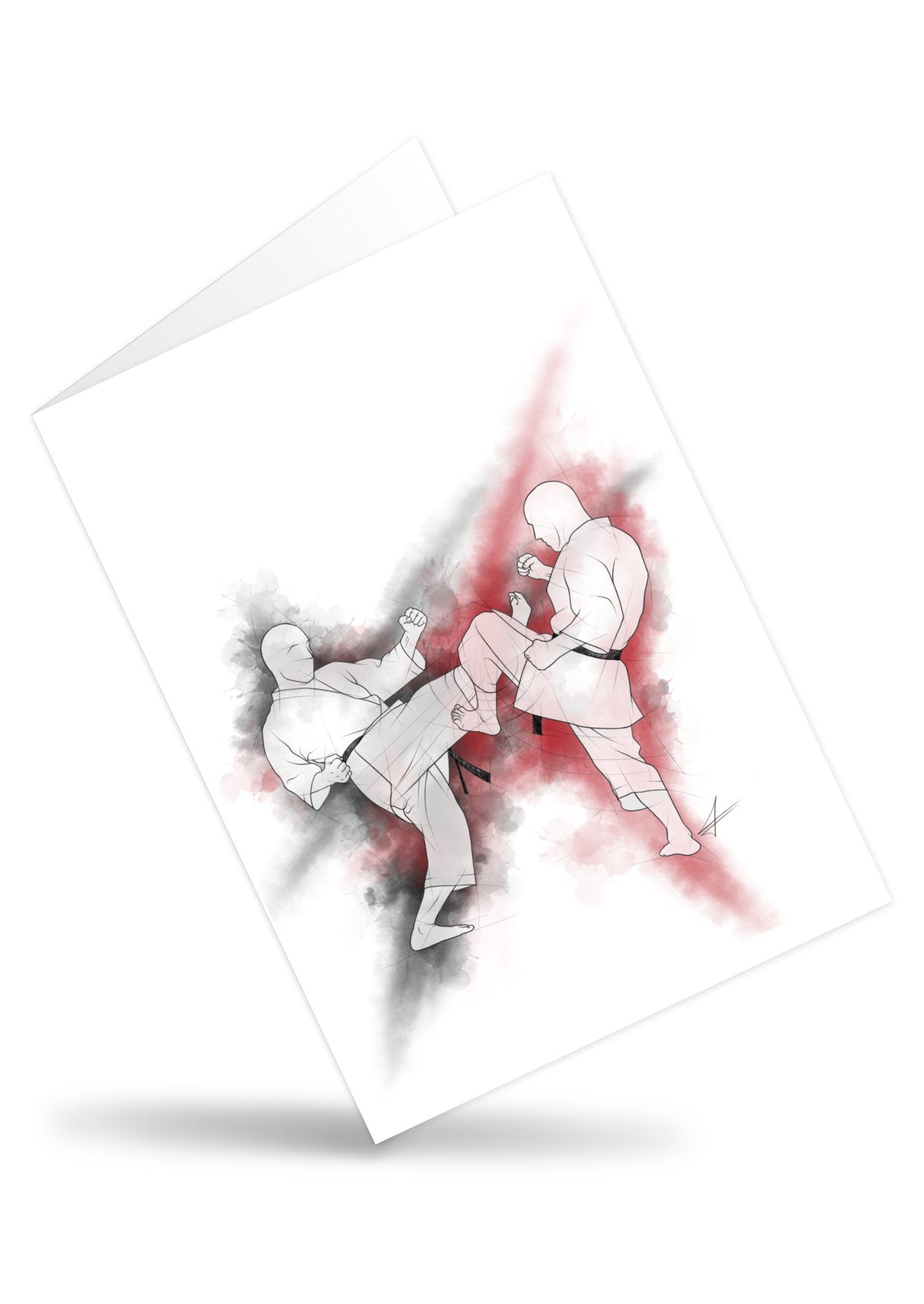Mae geri - Ashibo kake uke – aufklappbare Grußkarte für alle Karateka